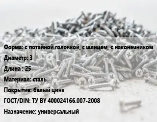 Шуруп с потайной головкой, с шлицем, с наконечником 3х25 сталь белый цинк ГОСТ: ТУ BY 400024166.007-2008 универсальный